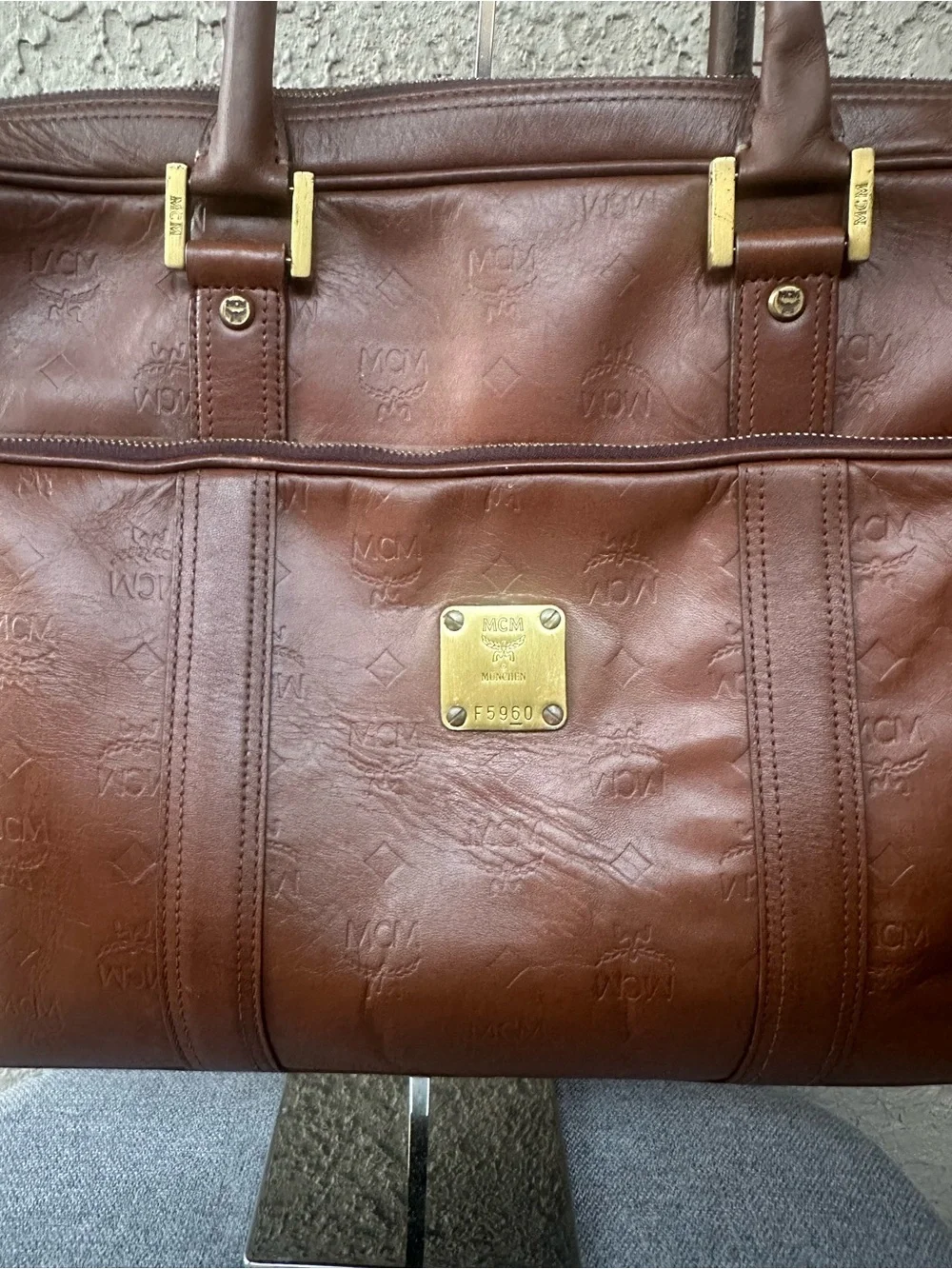 MCM Cognac Leather Briefcase with Gold Plaque